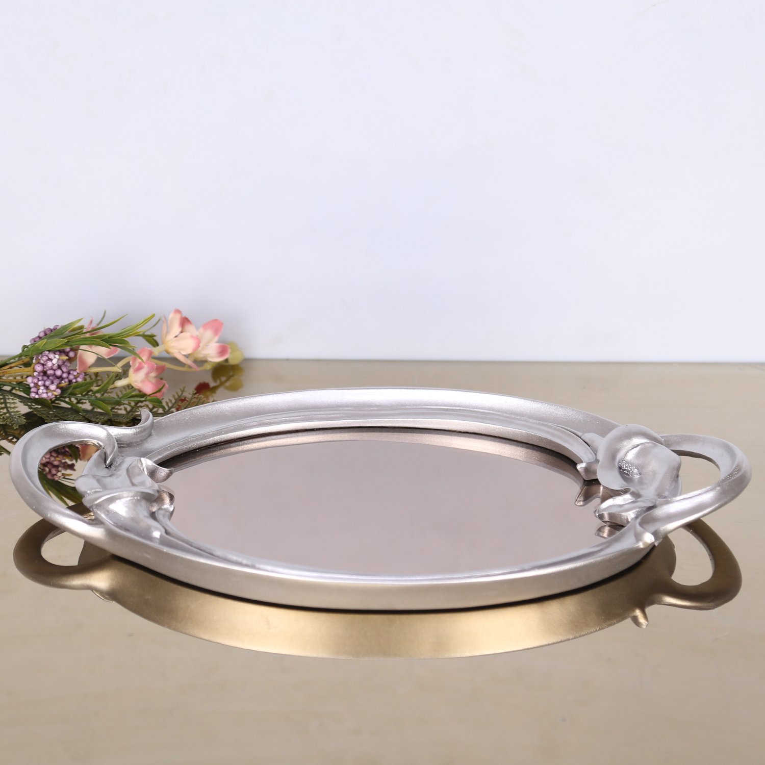 Plumeria Aynalı Tepsi Gümüş