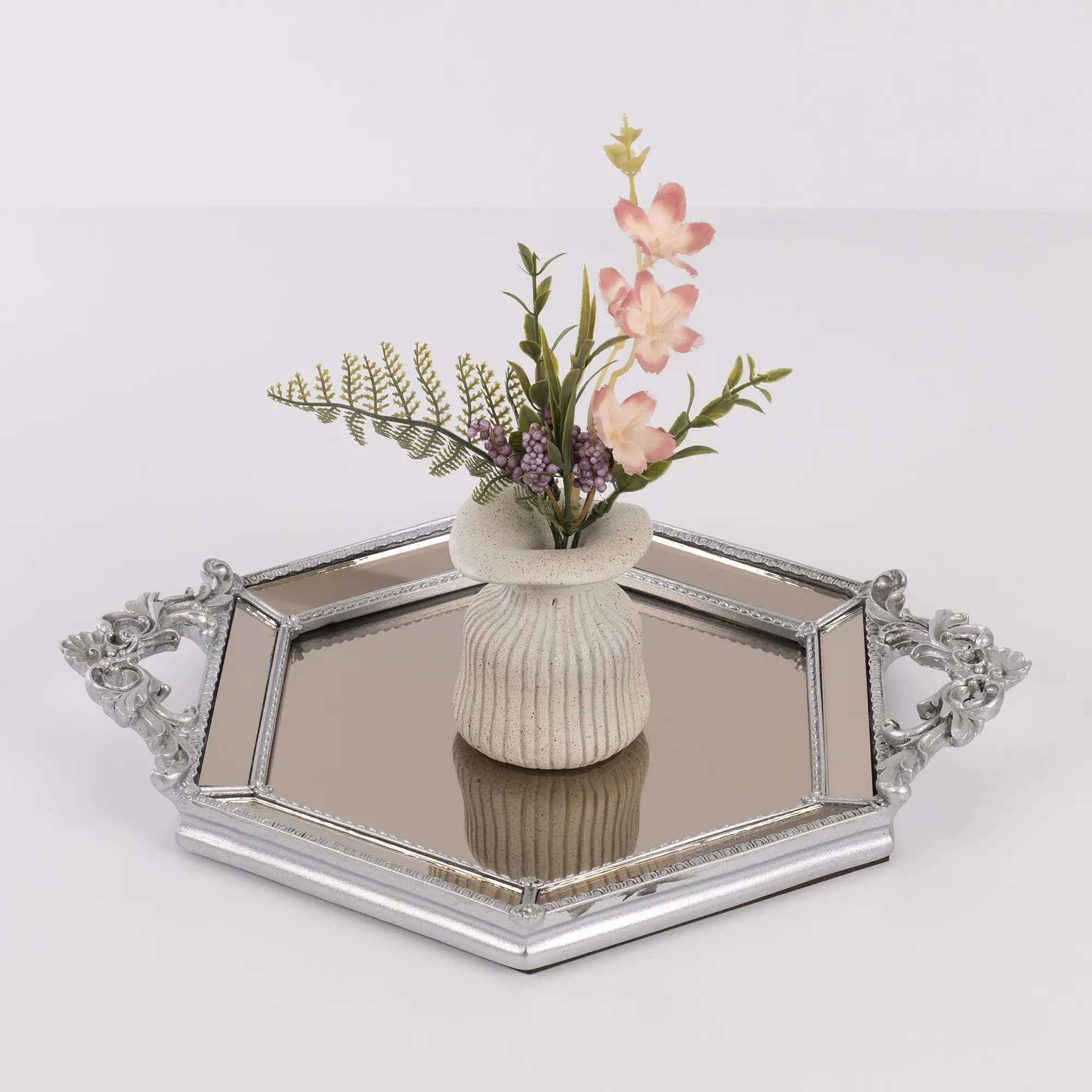 Hexagon Mirror Silver Tray